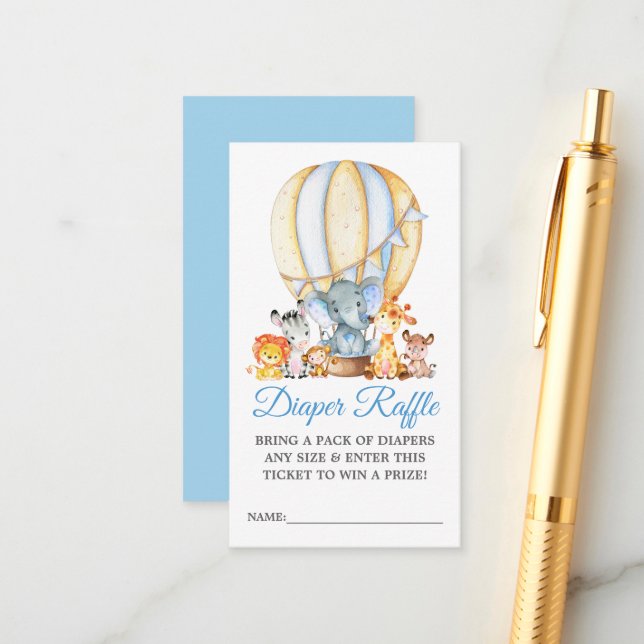 Safari Animals Blue Balloon Shower Diaper Raffle Enclosure Card (Front/Back In Situ)