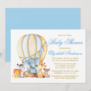 Safari Animals Blue Bow Air Balloon Baby Shower Invitation