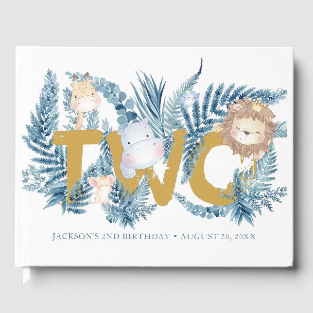 Safari Animals Blue Boy 2nd Birthday Guest Book (Front)