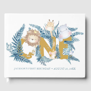 Safari Animals Blue Boy First Birthday Guest Book