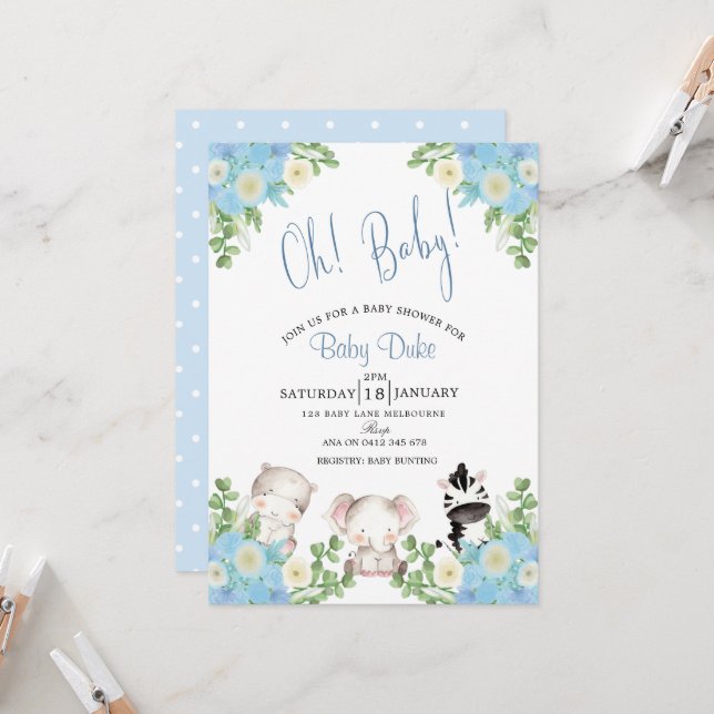 safari animals Blue Boy Shower invitation (Front/Back In Situ)
