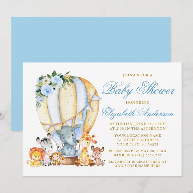 Safari Animals Blue Floral Air Balloon Baby Shower Invitation (Front/Back)