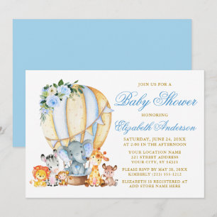 Safari Animals Blue Floral Air Balloon Baby Shower Invitation