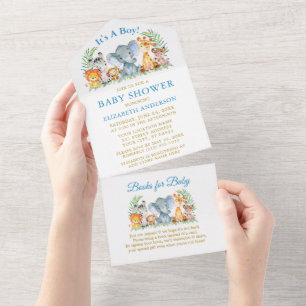Safari Animals Blue Gold Baby Shower and Books All In One Invitation