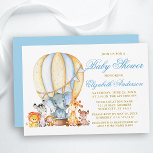 Safari Animals Blue Hot Air Balloon Baby Shower Invitation