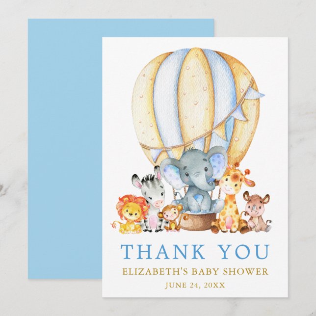 Safari Animals Blue Hot Air Balloon Baby Shower Thank You Card (Front/Back)