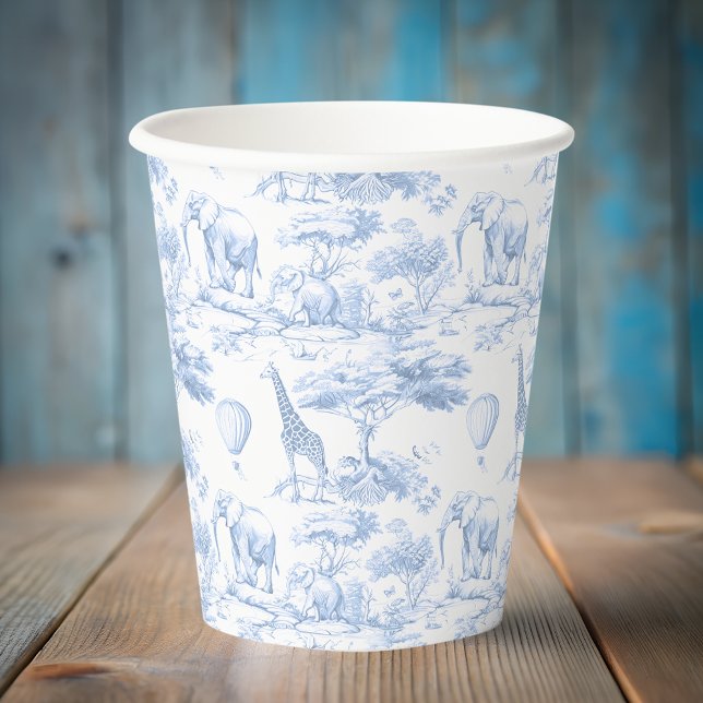 Safari Animals Blue Toile de Jouy Baby shower Paper Cups (Creator Uploaded)