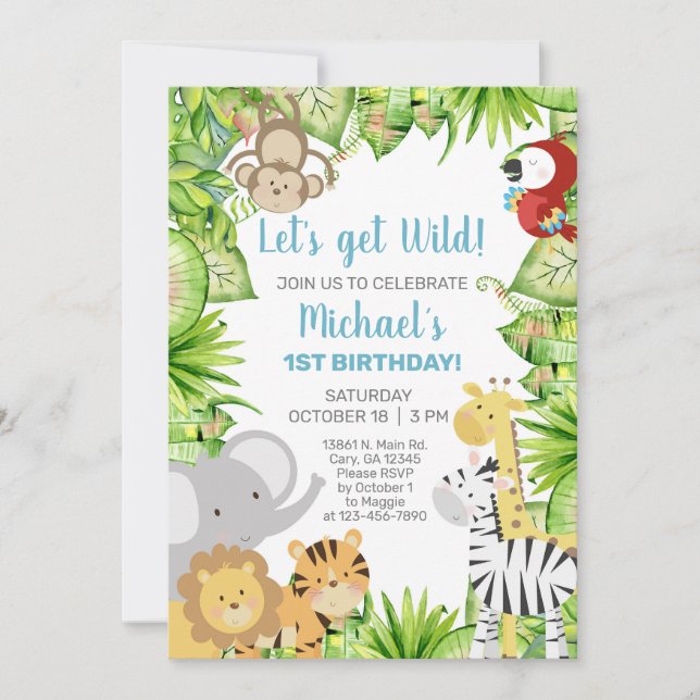Safari animals boy 1st first birthday invite. invi invitation (Front)