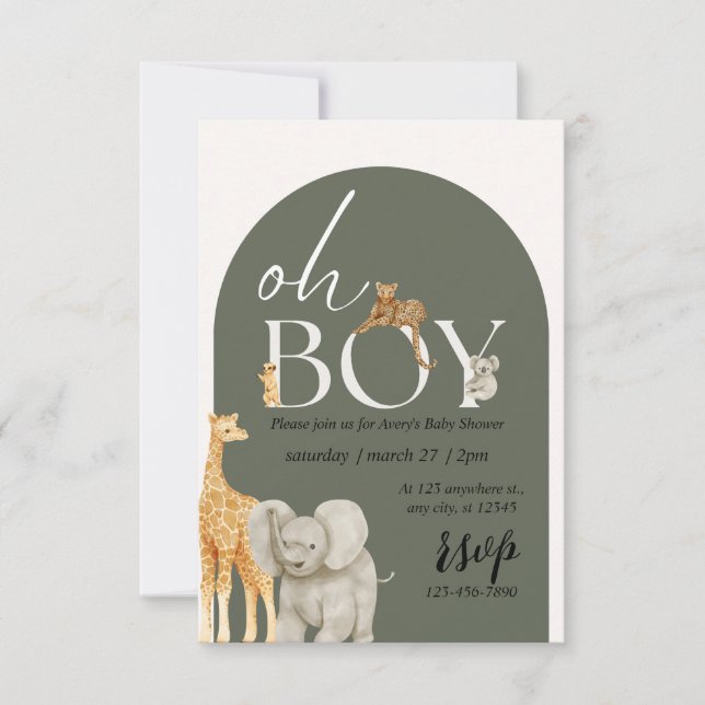 Safari Animals Boy Baby Shower Invitation Oh Boy  (Front)