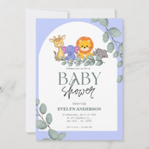 Safari Animals Boy Blue Baby Shower Invitation