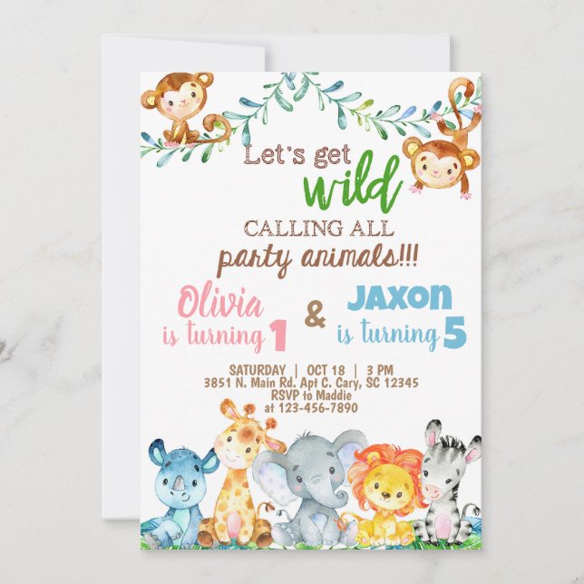 Safari animals boy & girl siblings birthday invite (Front)