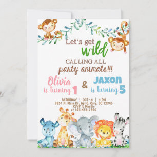 Safari animals boy & girl siblings birthday invite