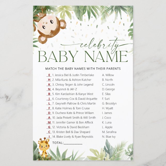 Safari Animals Celebrity Baby Name Game Card (Front)