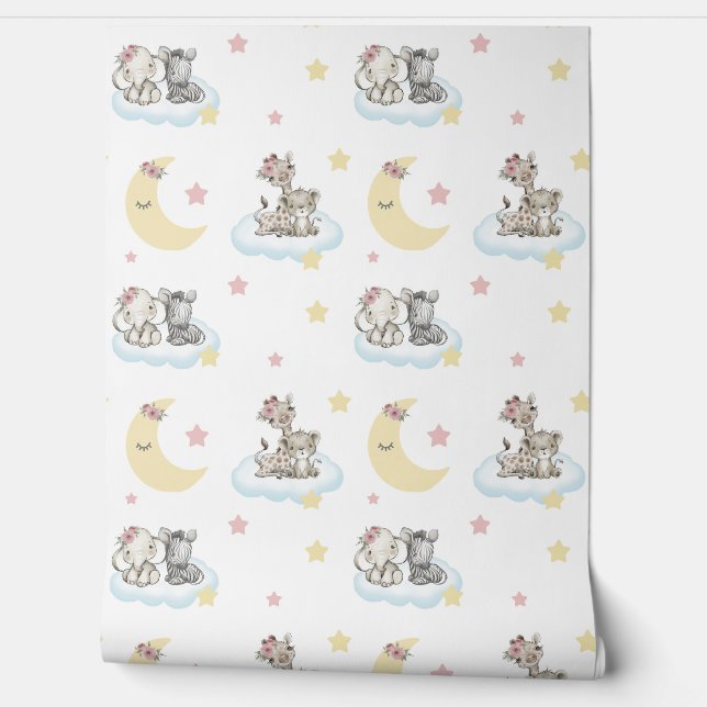Safari Animals Clouds Stars Moon Baby Girl Nursery Wallpaper (Unrolling)