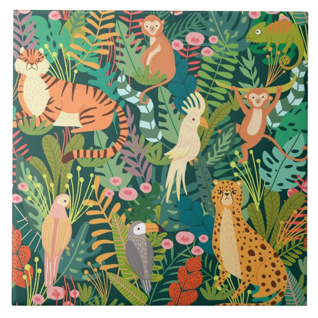 Safari animals colourful pattern ceramic tile (Front)