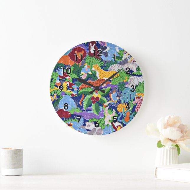 Safari Animals, colourful pattern, Large Clock (Home)