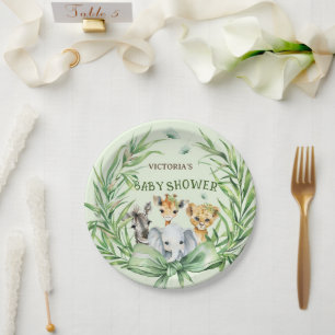 Safari Animals Cute Bow Baby Shower Paper Plate