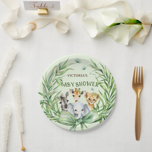 Safari Animals Cute Bow Baby Shower Paper Plate (Wedding)