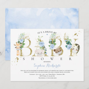 Safari Animals Drive By Baby Shower Greenery Blue Invitation