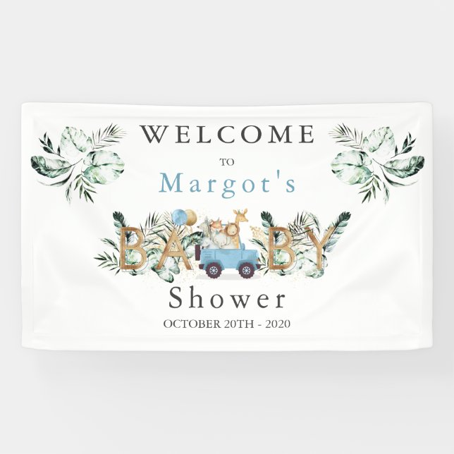 Safari Animals Drive By Baby Shower Greenery Gold Banner (Horizontal)
