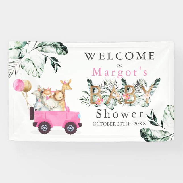 Safari Animals Drive By Baby Shower Greenery Gold Banner (Horizontal)