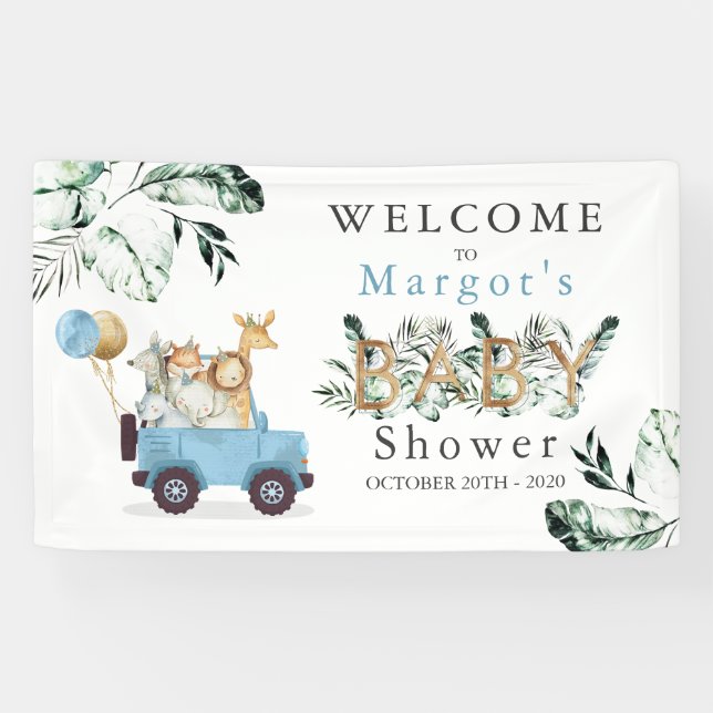 Safari Animals Drive By Baby Shower Greenery Gold Banner (Horizontal)