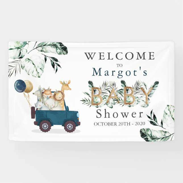 Safari Animals Drive By Baby Shower Greenery Gold Banner (Horizontal)