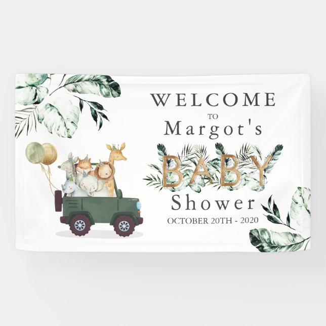 Safari Animals Drive By Baby Shower Greenery Gold Banner (Horizontal)