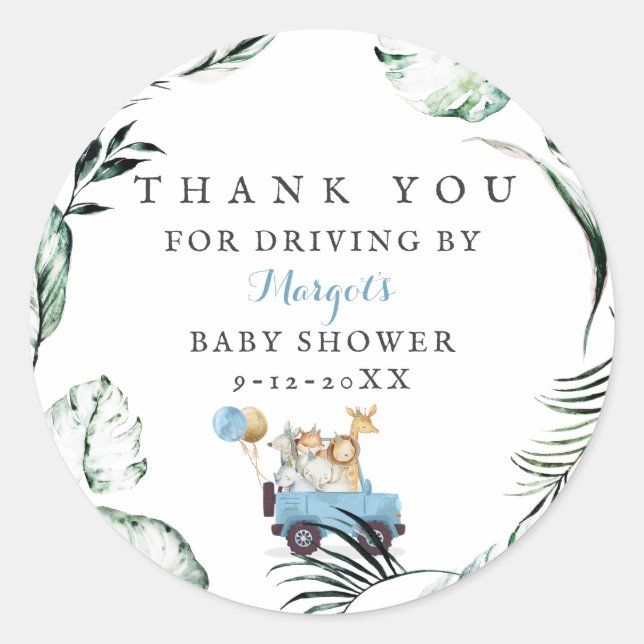 Safari Animals Drive By Baby Shower Greenery Gold Classic Round Sticker (Front)
