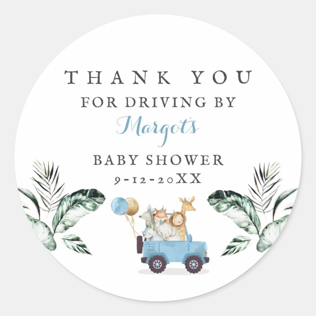 Safari Animals Drive By Baby Shower Greenery Gold Classic Round Sticker (Front)
