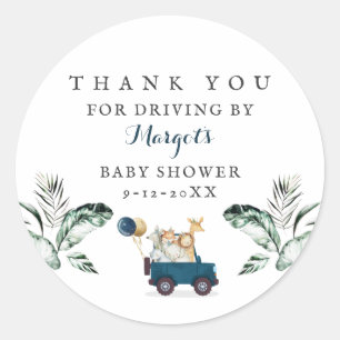 Safari Animals Drive By Baby Shower Greenery Gold Classic Round Sticker