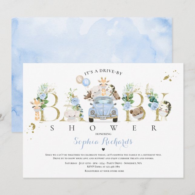 Safari Animals Drive By Baby Shower Greenery Gold Invitation (Front/Back)