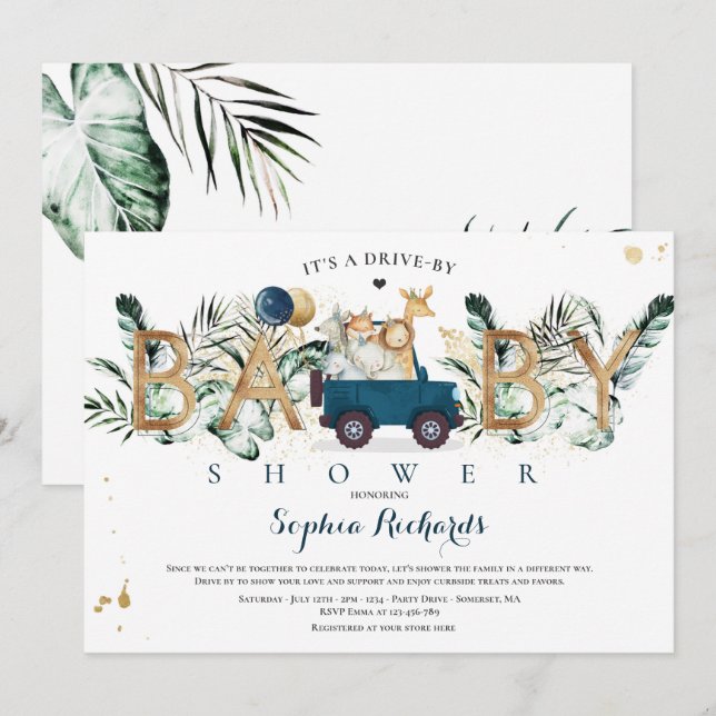 Safari Animals Drive By Baby Shower Greenery Gold Invitation (Front/Back)