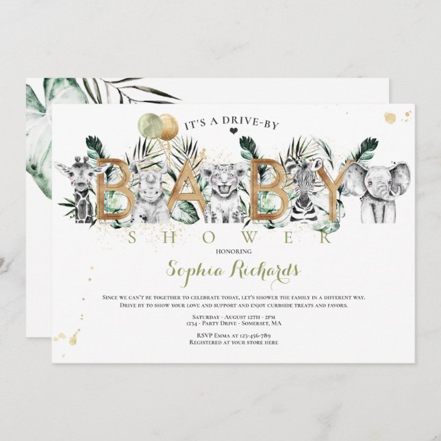 Safari Animals Drive By Baby Shower Greenery Gold Invitation (Front/Back)