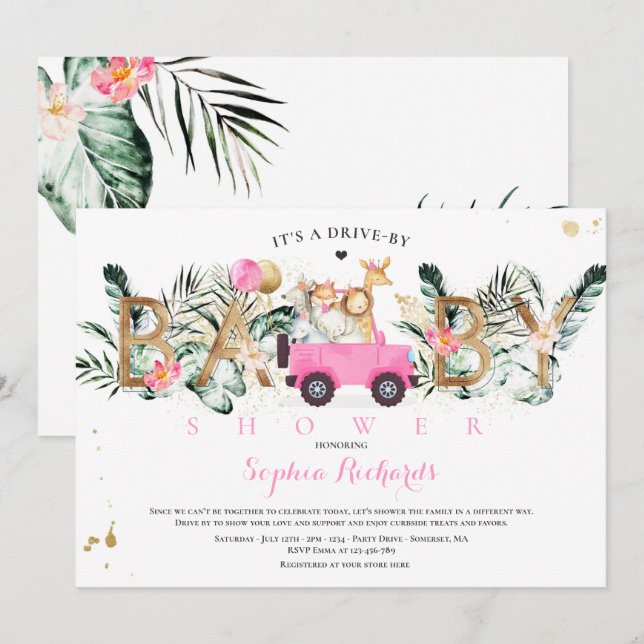 Safari Animals Drive By Baby Shower Greenery Gold Invitation (Front/Back)