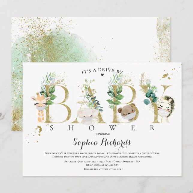 Safari Animals Drive By Baby Shower Greenery Gold Invitation (Front/Back)