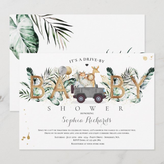 Safari Animals Drive By Baby Shower Greenery Gold Invitation (Front/Back)