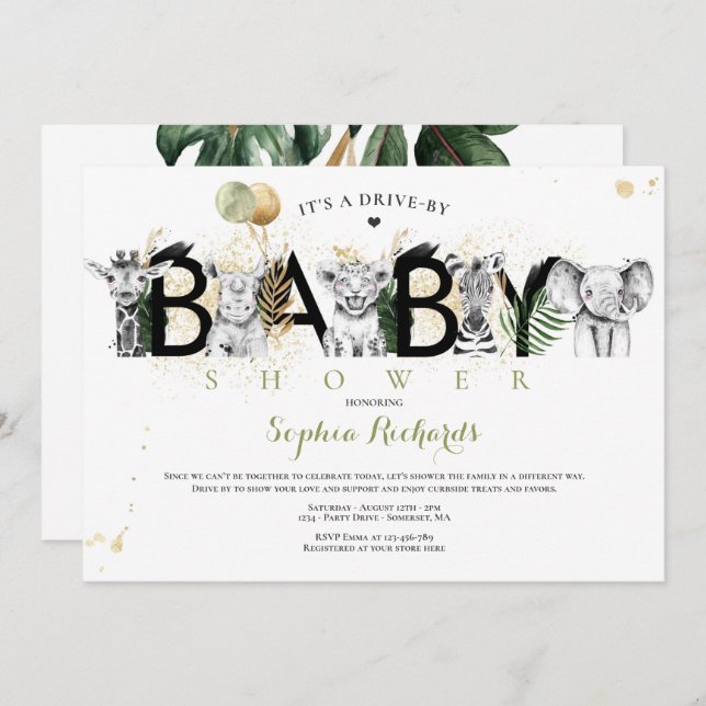 Safari Animals Drive By Baby Shower Greenery Gold Invitation (Front/Back)