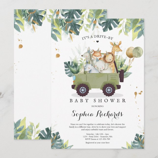 Safari Animals Drive By Baby Shower Greenery Gold Invitation (Front/Back)