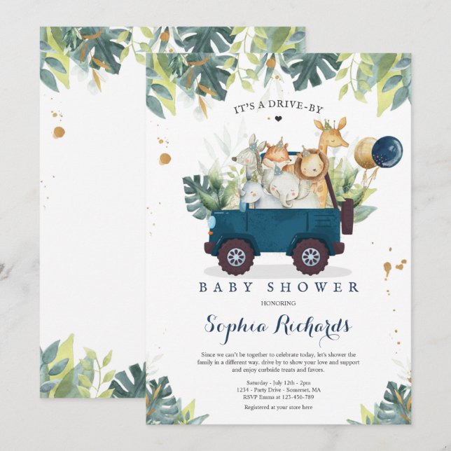 Safari Animals Drive By Baby Shower Greenery Gold Invitation (Front/Back)
