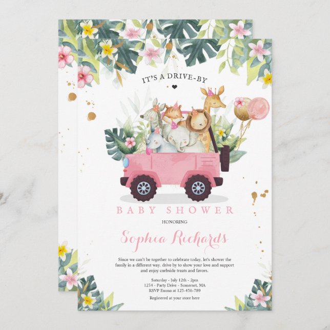 Safari Animals Drive By Baby Shower Greenery Gold Invitation (Front/Back)