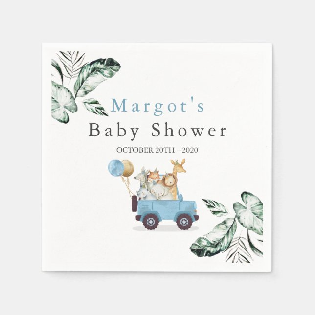 Safari Animals Drive By Baby Shower Greenery Gold Napkin (Front)