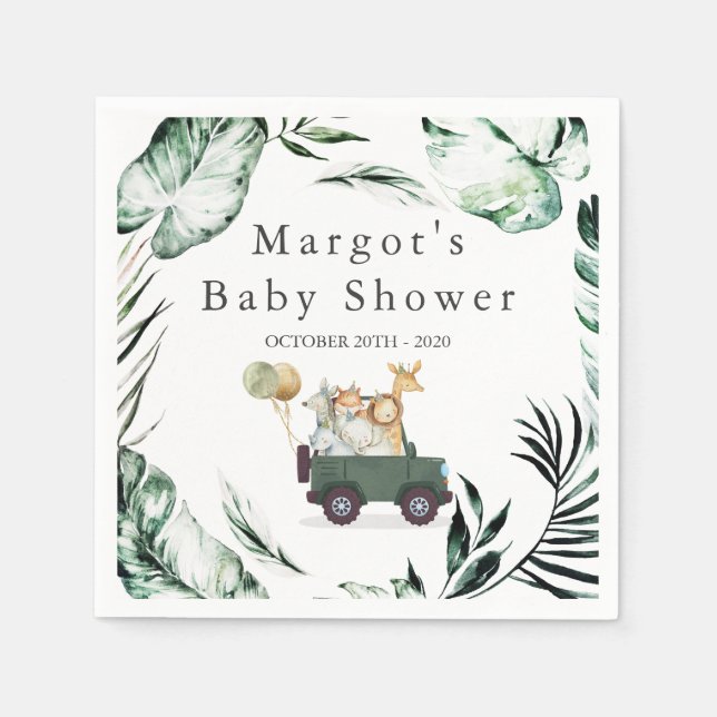 Safari Animals Drive By Baby Shower Greenery Gold Napkin (Front)