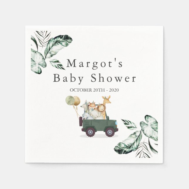 Safari Animals Drive By Baby Shower Greenery Gold Napkin (Front)