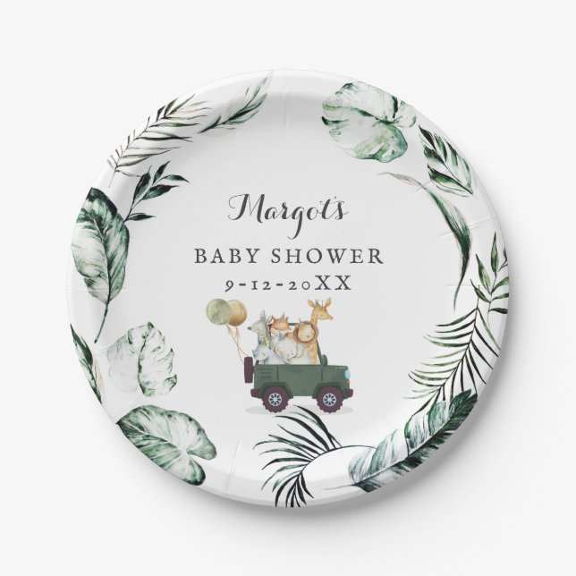 Safari Animals Drive By Baby Shower Greenery Gold Paper Plate (Front)