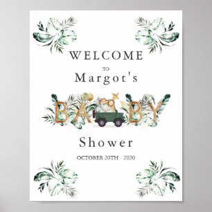 Safari Animals Drive By Baby Shower Greenery Gold Poster