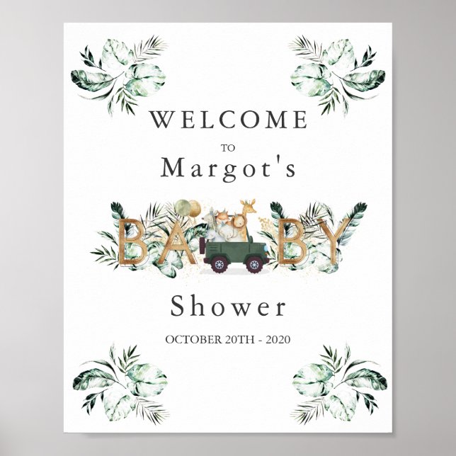 Safari Animals Drive By Baby Shower Greenery Gold Poster (Front)