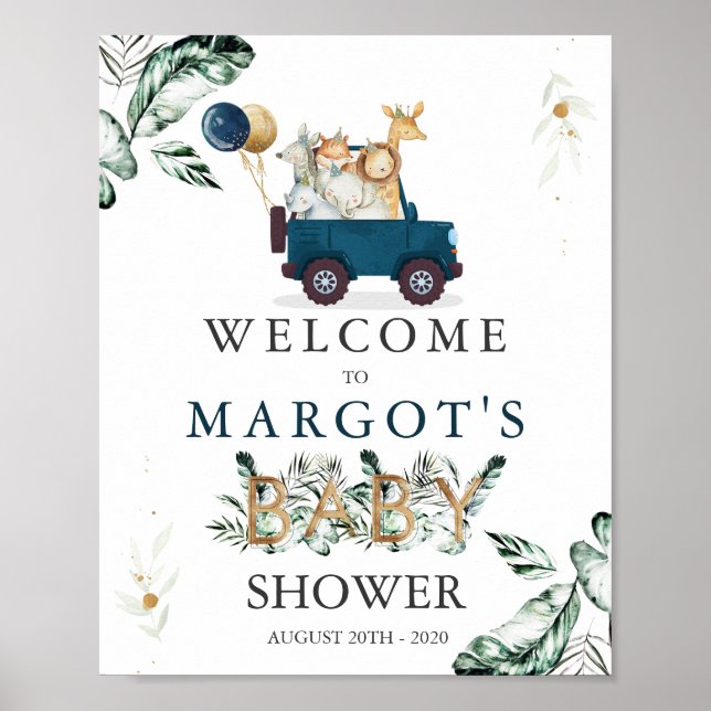 Safari Animals Drive By Baby Shower Greenery Poster (Front)