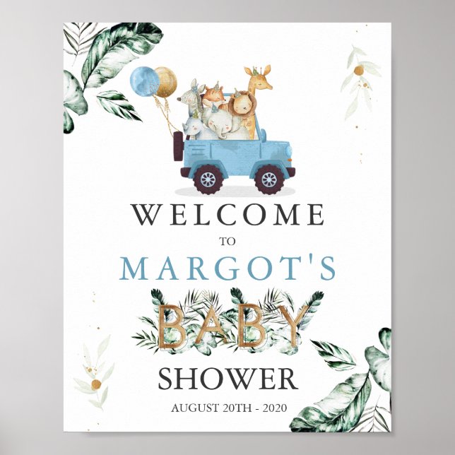 Safari Animals Drive By Baby Shower Greenery Poster (Front)
