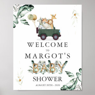 Safari Animals Drive By Baby Shower Greenery Poster